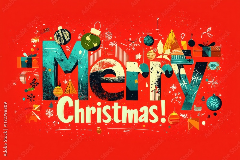 This vibrant design showcases a bold Merry Christmas greeting surrounded by various holiday decorations, including ornaments, gifts, and snowflakes, perfect for festive occasions.