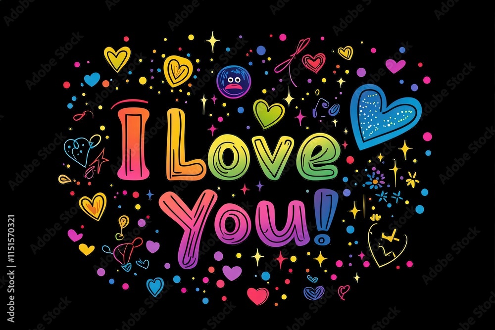 This vibrant design showcases the phrase I Love You surrounded by colorful hearts and whimsical shapes. The artwork captures a joyful and affectionate sentiment through its playful arrangement.