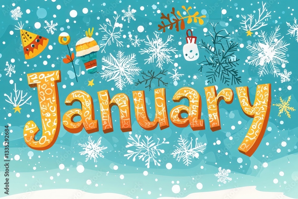 This vibrant design showcases the word January adorned with playful decorations like snowflakes and winter motifs.