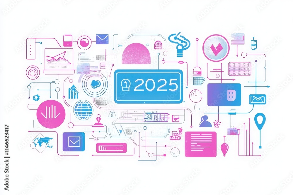 This vibrant digital artwork illustrates a network of interconnected icons and symbols depicting technological advancements expected by 2025, showcasing data, communication, and global connectivity.