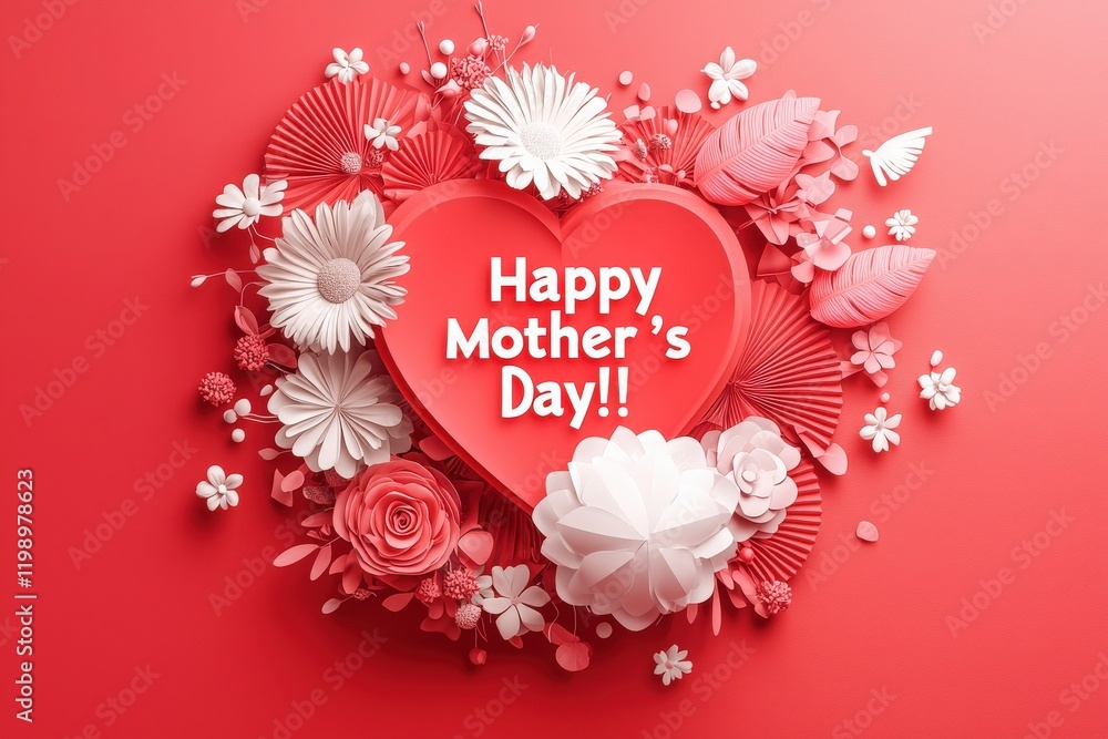 This vibrant display features a large red heart surrounded by various flowers and decorative elements, conveying a joyful Mothers Day celebration. The message is cheerful and inviting.