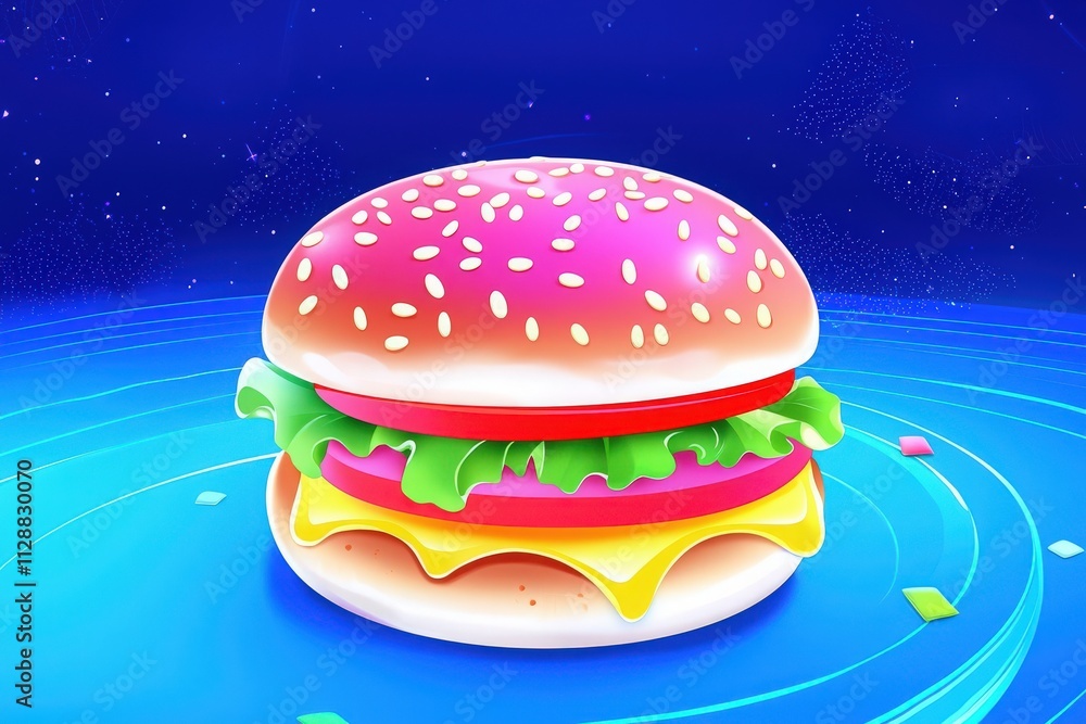 This vibrant hamburger features a pink sesame seed bun topped with green lettuce, red tomato, and yellow cheese against a blue cosmic backdrop, creating a playful, digital aesthetic.
