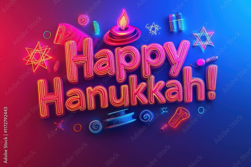 This vibrant neon representation captures the spirit of Hanukkah, featuring bright colors and symbols like the menorah, dreidel, and stars. A joyful design perfect for the celebrations.