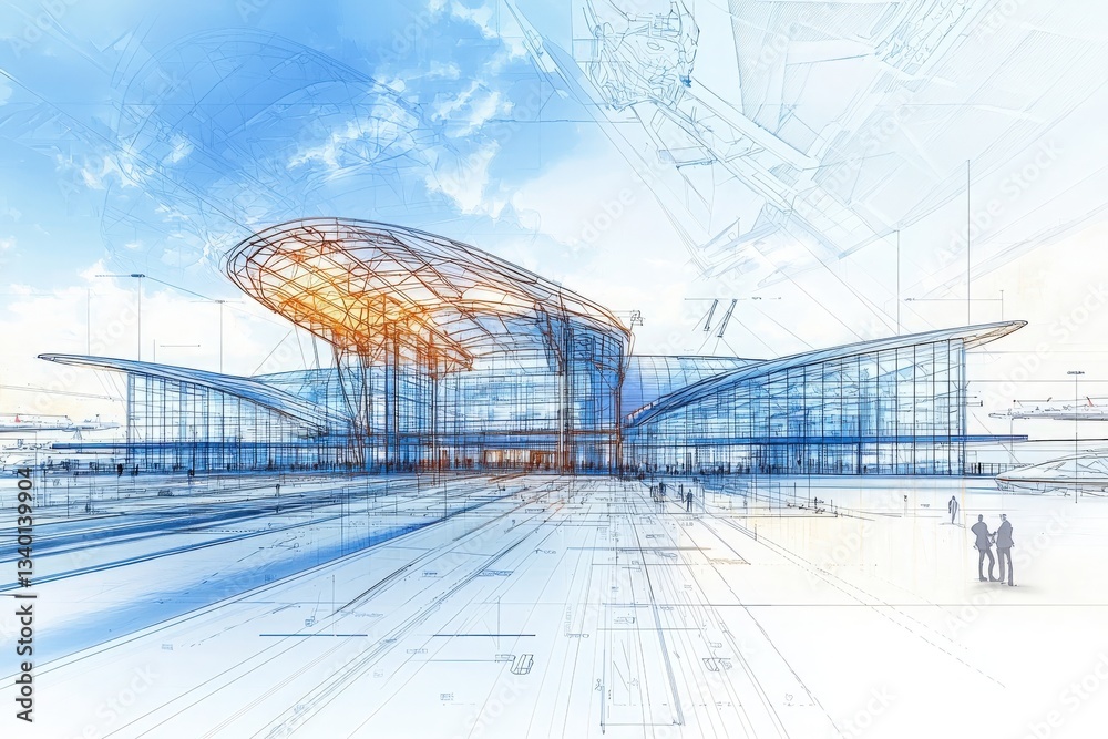 This view showcases an architectural design for a modern airport terminal, featuring a unique structure with large glass panels.