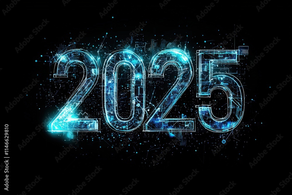 This visual showcases the year 2025 in a vibrant digital style, featuring glowing lines, intricate patterns, and a high-tech aesthetic against a dark background, symbolizing a futuristic vision.
