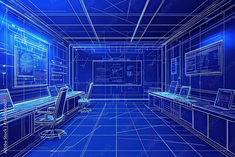 This workspace features sleek chairs and multiple computers against a blue background of digital blueprints and technical drawings. It reflects a futuristic and advanced design aesthetic.