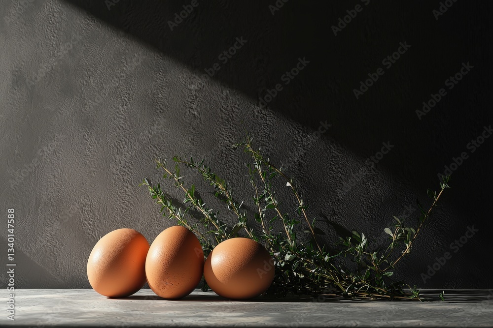 Three brown eggs rest on a gray surface next to a sprig of herbs. Soft, dramatic lighting highlights their texture while casting shadows, creating a calm kitchen atmosphere.