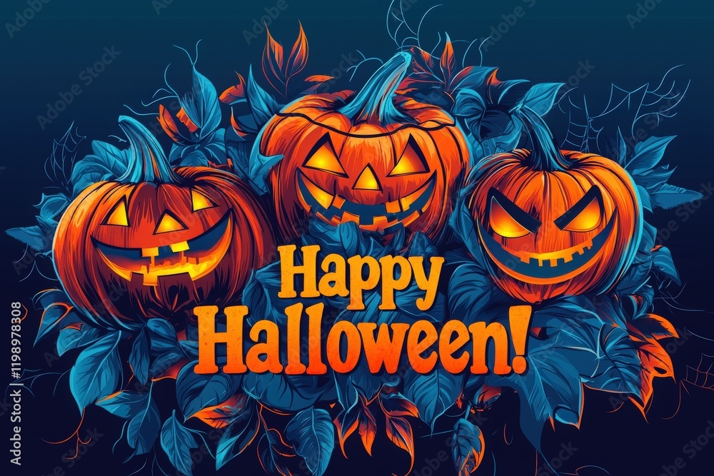 Three carved pumpkins with unique faces stand among colorful autumn leaves, radiating a festive glow. The artwork conveys a joyful Halloween spirit with a bright greeting.