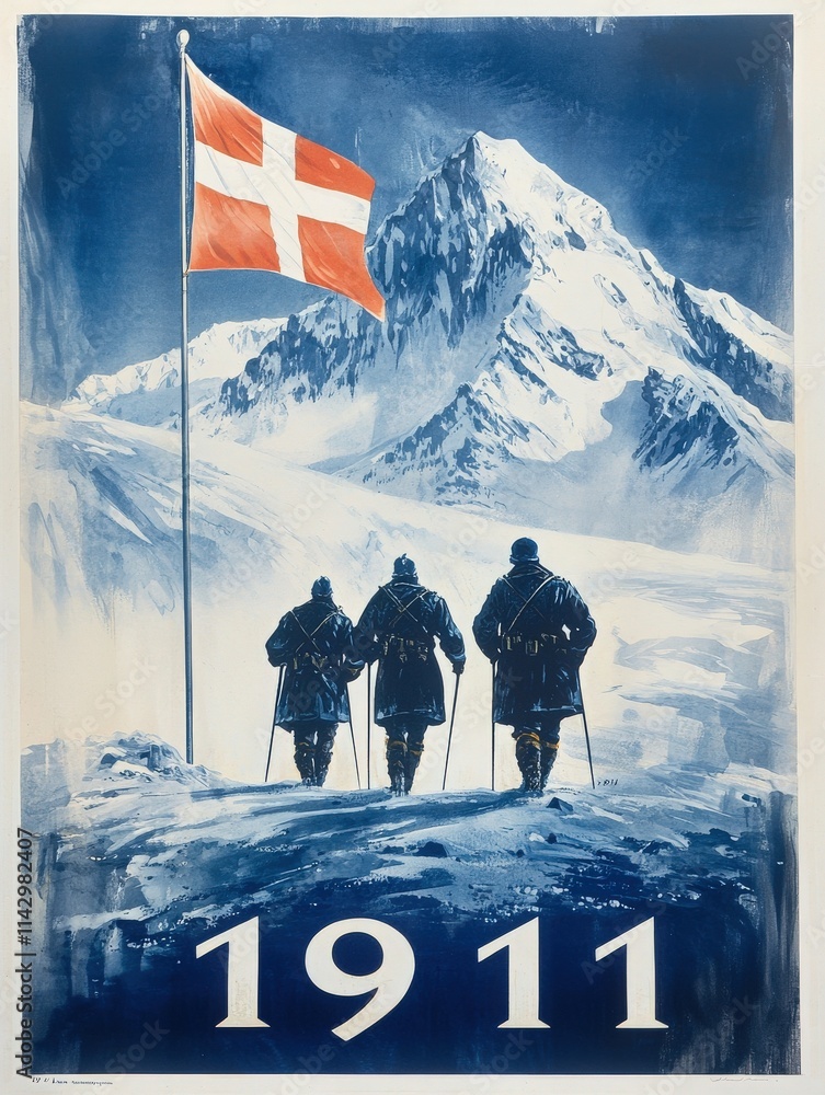 Three climbers in winter clothing trek toward a snow-covered mountain, with a large Swiss flag waving in the foreground. The scene conveys a sense of adventure and pride in 1911.