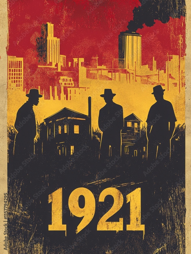 Three dark silhouettes stand in the foreground, overlooking a cityscape engulfed in smoke and flames. The buildings and colors evoke a sense of unrest and turmoil from the year 1921.