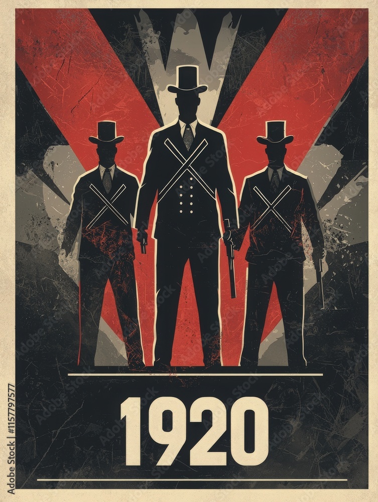 Three figures dressed in formal suits stand confidently, each holding weapons, against a dramatic background featuring bold lines and the year 1920 prominently displayed below them.