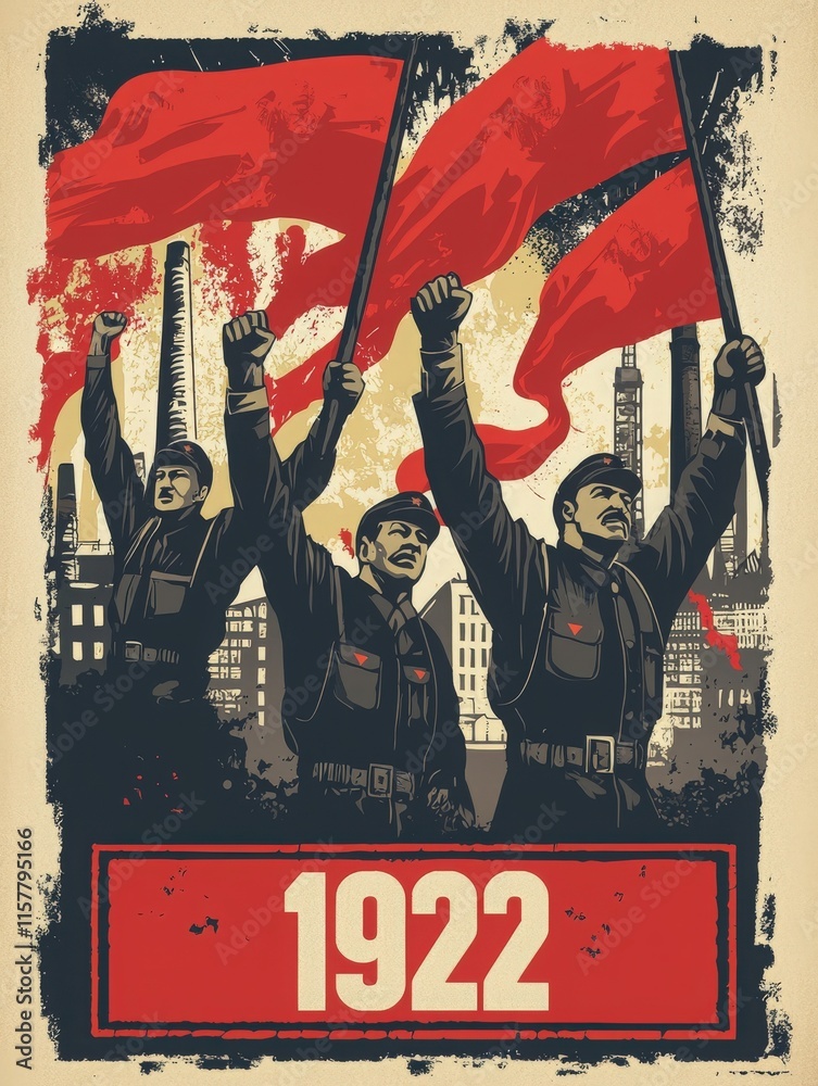 Three figures in military attire raise red flags in an industrial setting, symbolizing solidarity and change in 1922. Their expressions convey determination and unity amidst factories.