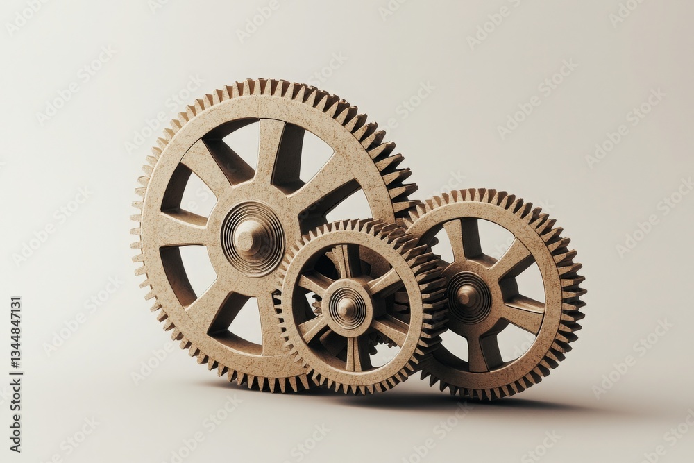 Three intricately designed gears of varying sizes are aligned in a minimalistic arrangement on a neutral background. The scene emphasizes the beauty of mechanical engineering and craftsmanship.
