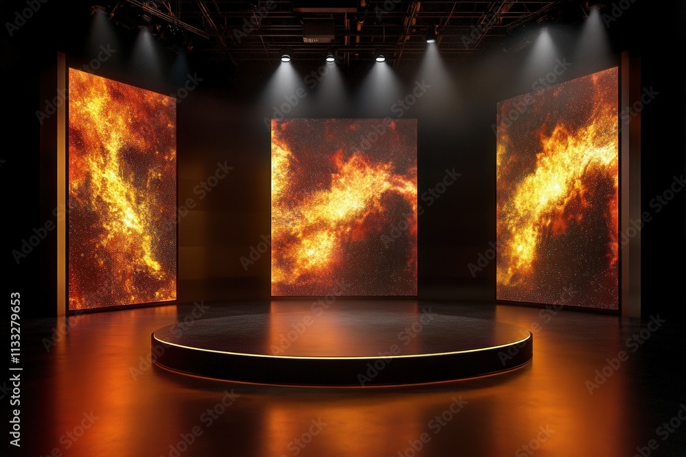 Three large panels in a dark studio glow with vibrant fiery cosmic visuals, creating a dramatic atmosphere. The circular stage is highlighted, enhancing the futuristic ambiance of the space.