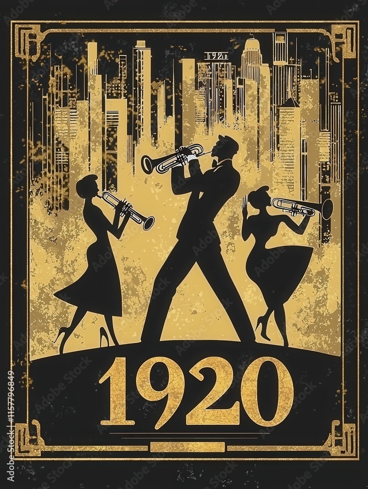 Three musicians play brass instruments, silhouetted against a golden city skyline. The atmosphere reflects the vibrancy and energy of the 1920s music scene, embodying a jazz age celebration.