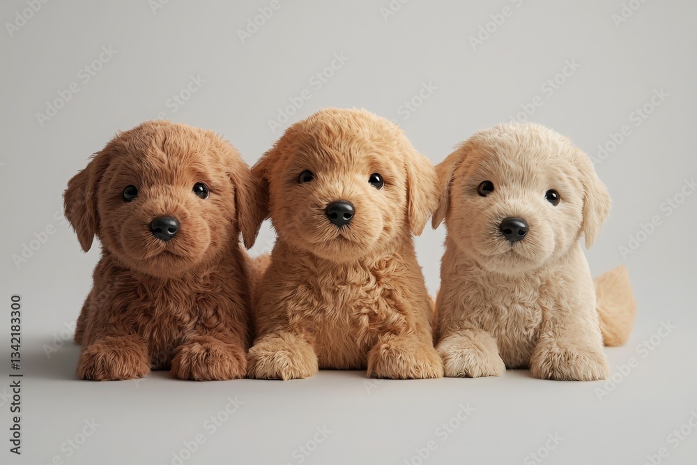 Three plush puppies in shades of brown and cream sit closely together, showcasing their friendly expressions and soft fur. The warm and inviting atmosphere enhances their cuteness.
