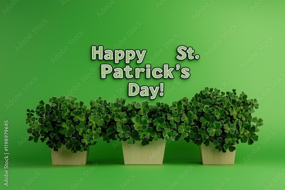 Three pots filled with lush green plants sit against a bright green background, highlighting St. Patricks Day celebrations. The design conveys a joyful and festive atmosphere.