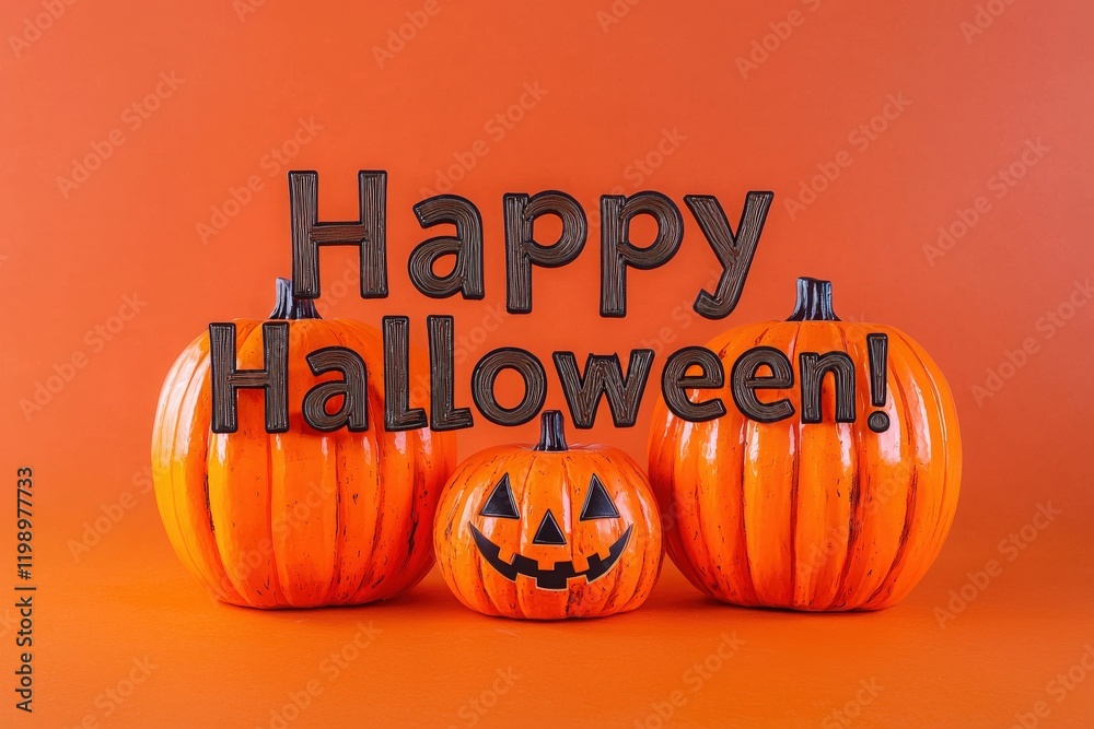 Three pumpkins in various sizes sit against a bright orange background. The largest pumpkin features a carved face, while a sign above reads Happy Halloween in playful letters.