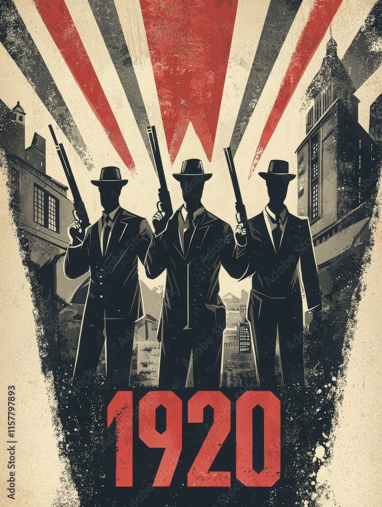 Three silhouetted figures dressed in 1920s attire hold guns against a backdrop of vintage architecture. Their posture suggests a sense of vigilance, evoking a classic mobster aesthetic.