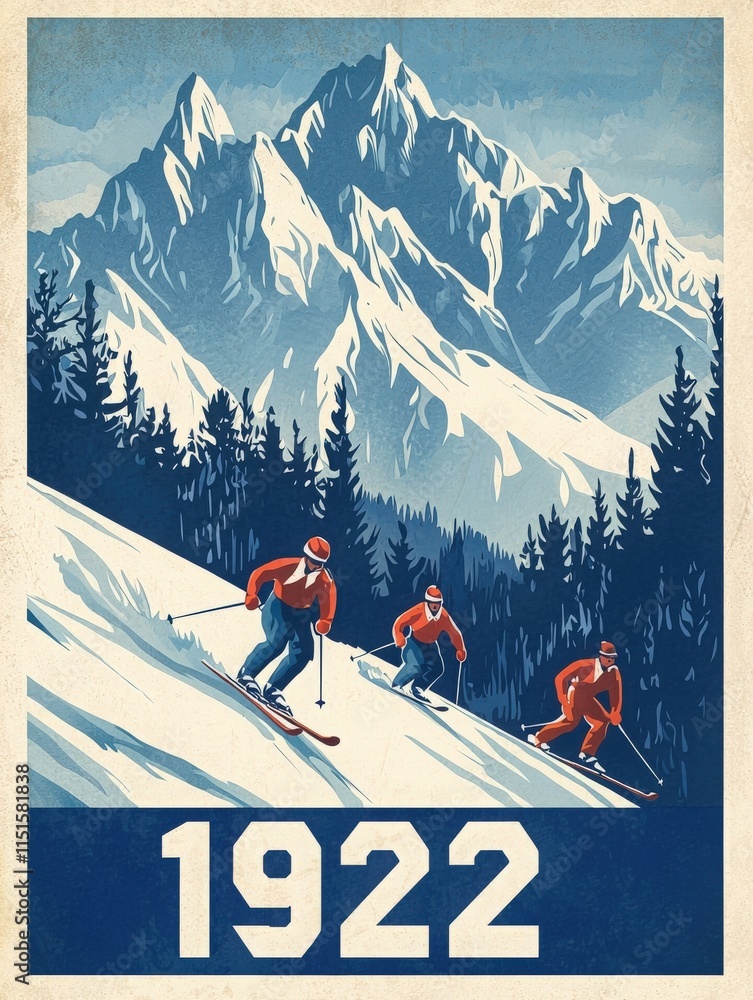 Three skiers, dressed in vintage attire, navigate a snowy slope with stunning mountains in the background. This scene captures the spirit of winter sports from the year 1922.