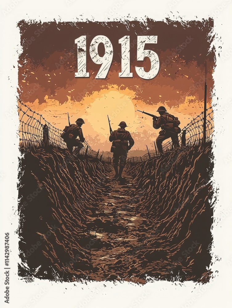 Three soldiers in military uniforms move forward through a muddy trench as the sun sets in the background, highlighting the struggles of war in 1915.