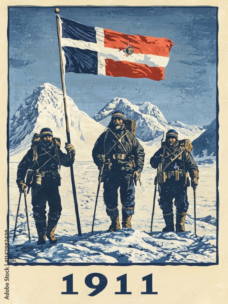 Three soldiers in winter gear hold the Dominican Republic flag against a backdrop of snow-covered mountains in 1911. They appear resilient and determined, embodying patriotism.