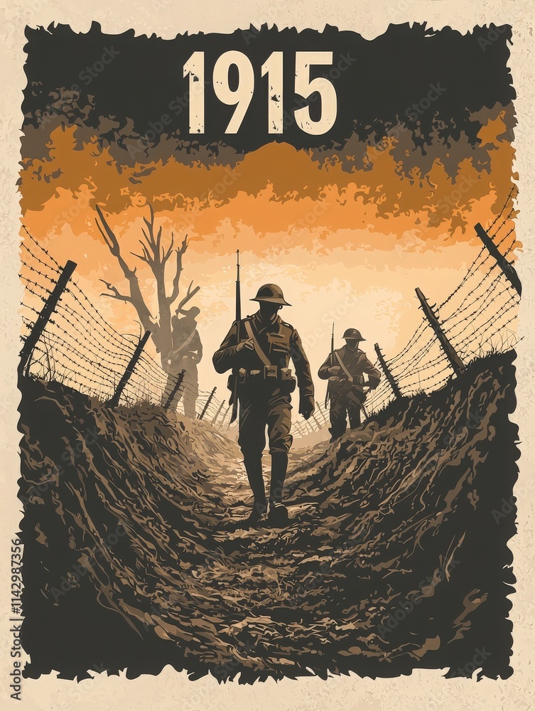 Three soldiers march through a muddy trench, flanked by barbed wire and a barren tree, set against an orange and dark sky. The year 1915 highlights the historical context of the scene.