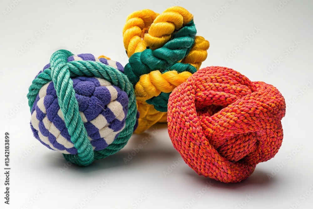 Three vibrant rope balls designed for pets showcase a mix of textures and colors.