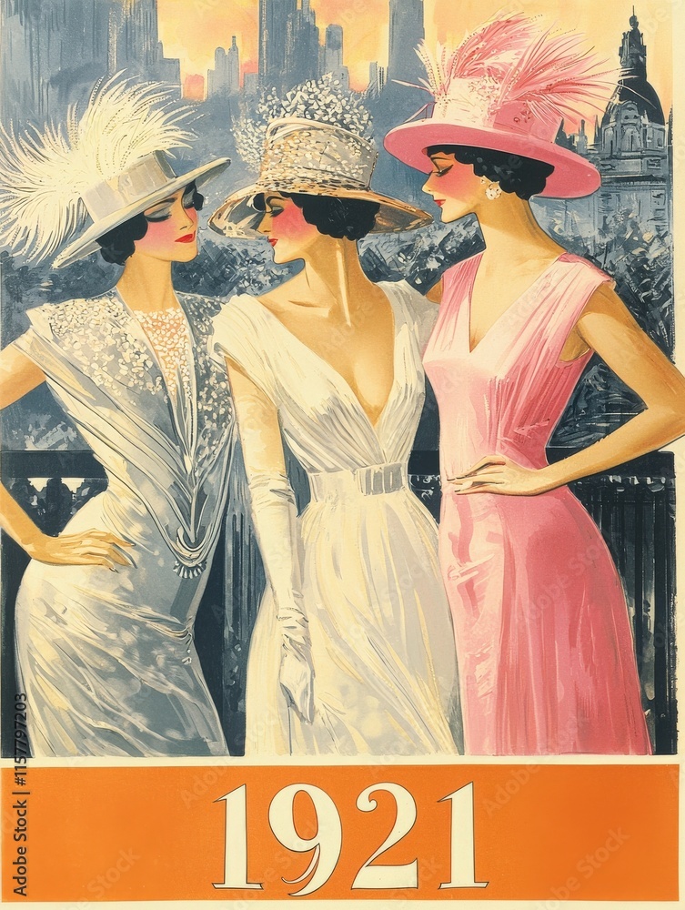 Three women showcase exquisite 1920s fashion, wearing elegant dresses and sophisticated hats while standing against a city skyline.