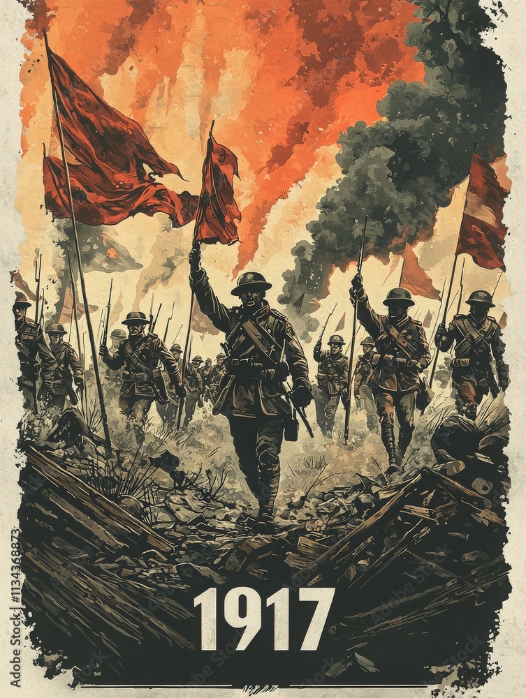 Troops advance with red flags amidst smoke and flames, depicting a historic military moment. The atmosphere conveys the intensity of battle in the year 1917.