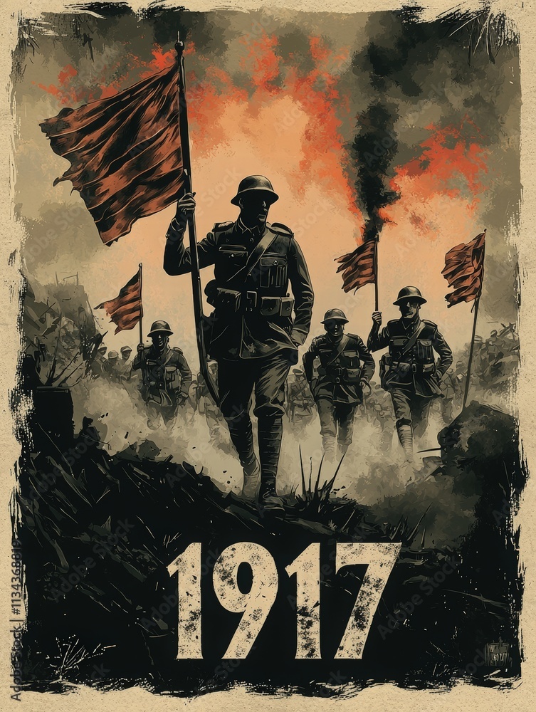 Troops in military uniforms march forward, carrying flags amidst smoke and flames, depicting a crucial moment of warfare in 1917 during World War I. The atmosphere is tense, with a dramatic backdrop.