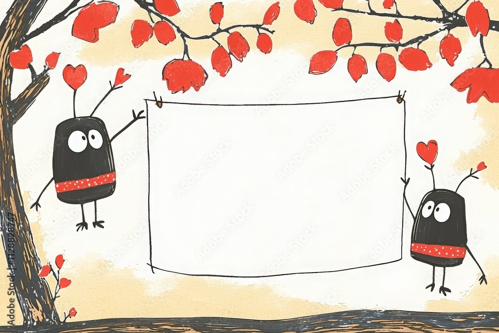 Two adorable cartoon characters with heart-shaped antennas hang a blank sign between a trees branches adorned with vibrant red leaves, creating a cheerful and inviting atmosphere.