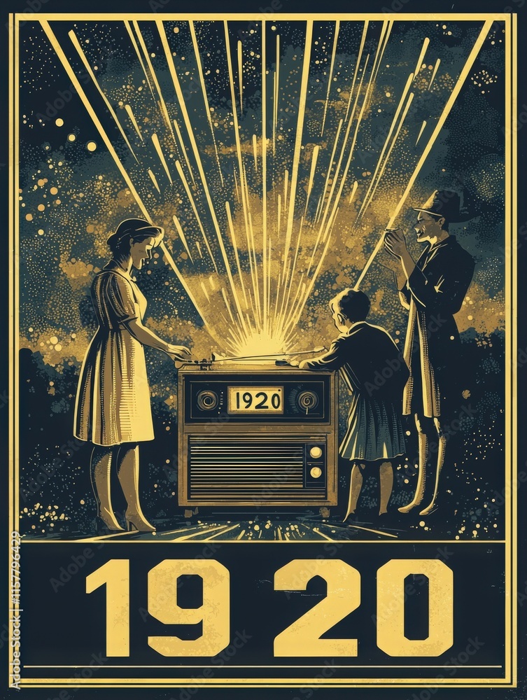 Two adults and a child are joyfully gathered around an old radio, gazing at the bright light and sparks emanating from it, symbolizing the excitement of entering the 1920s.