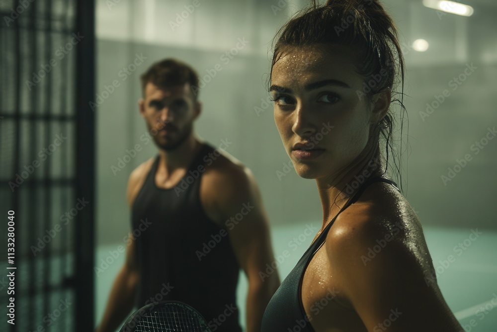 Two athletes engage in a strenuous practice at an indoor tennis court. The female player shows determination, while the male player stands nearby, both drenched in sweat from their workout.