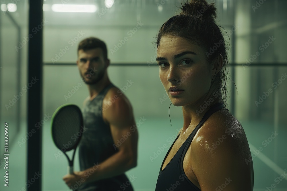 Two athletes engage in an intense paddle sports training session indoors. Both are focused, showcasing determination while their bodies glisten with sweat under bright lights.