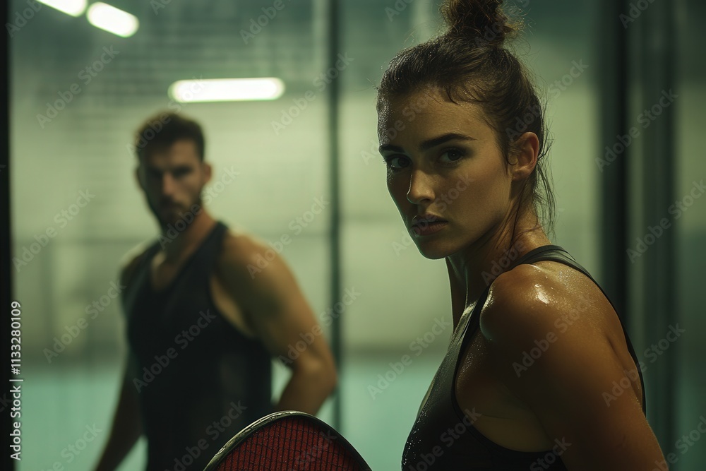 Two athletes practice in a dimly lit gym, showcasing their determination and strength.
