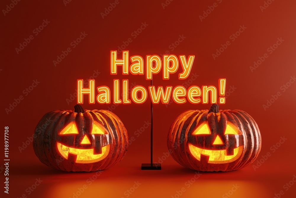 Two carved pumpkins with glowing faces sit on a table, illuminated by a bright neon sign wishing happy Halloween. The vibrant colors capture the festive spirit of the season.
