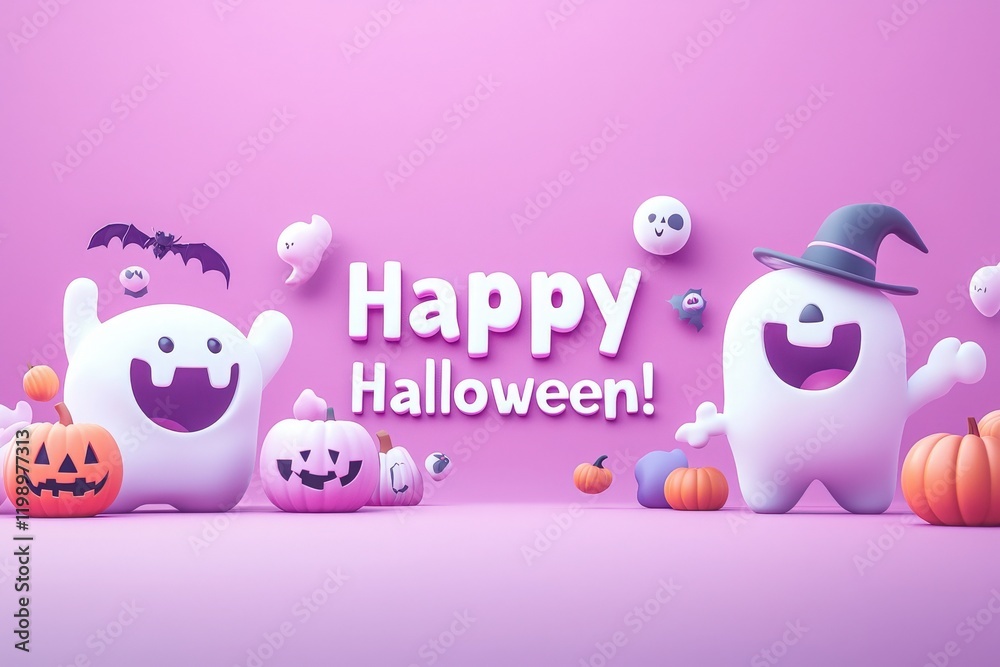 Two cheerful cartoon monsters with smiling faces celebrate Halloween against a bright pink background. Surrounding them are playful ghosts, bats, and pumpkins adding to the festive atmosphere.