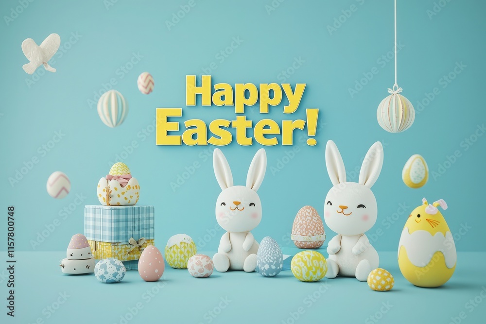 Two cute bunnies sit beside a stack of presents and various decorated eggs, all set against a cheerful blue background, celebrating the joy of Easter festivities.