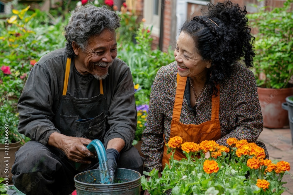 Two gardeners enjoy each others company while watering orange marigolds in a lush garden filled with colorful blooms. Their smiles reflect a shared passion for gardening.