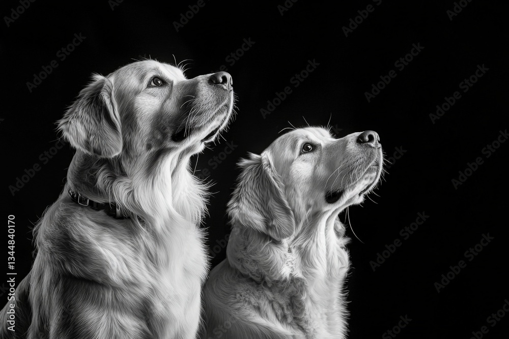 Two golden retrievers sit side by side in a studio, highlighting their expressive eyes and soft fur. The dark background enhances their features, creating a striking contrast.
