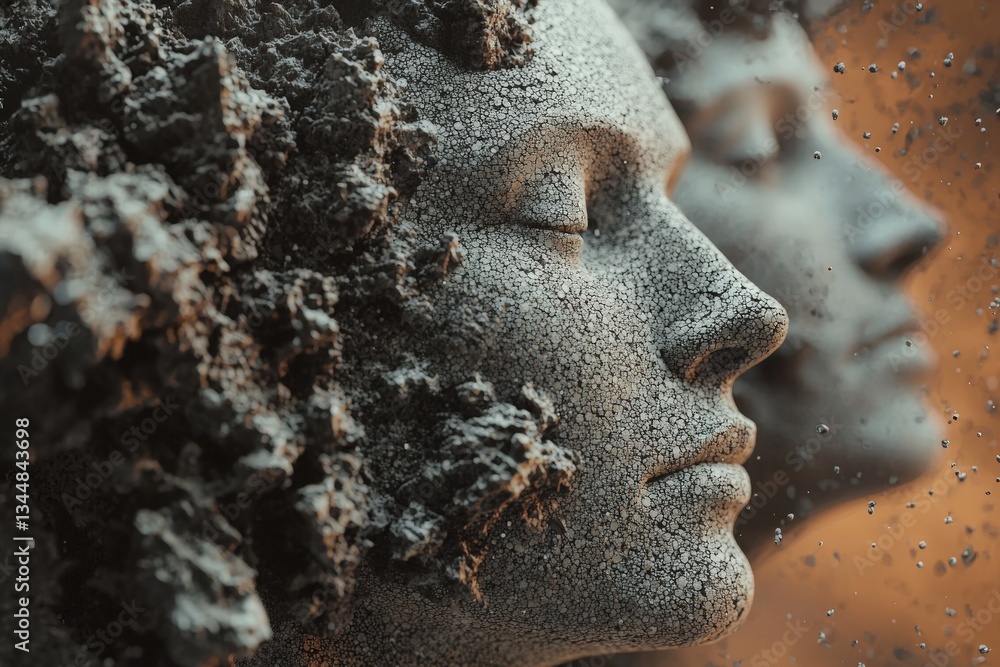 Two graceful figures face each other, their serene expressions highlighted by a textured surface. Surrounding them are tiny droplets, creating a calm and contemplative atmosphere.