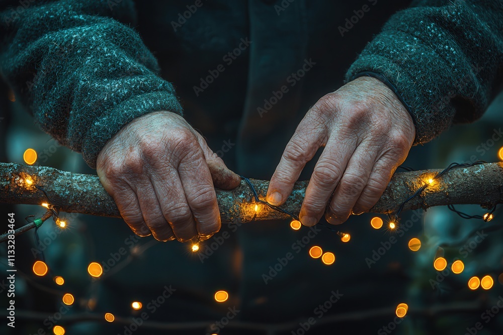 Two hands gently position glowing lights around a branch during a cold evening outdoors. The twinkling lights create a cozy atmosphere and highlight the beauty of nature.