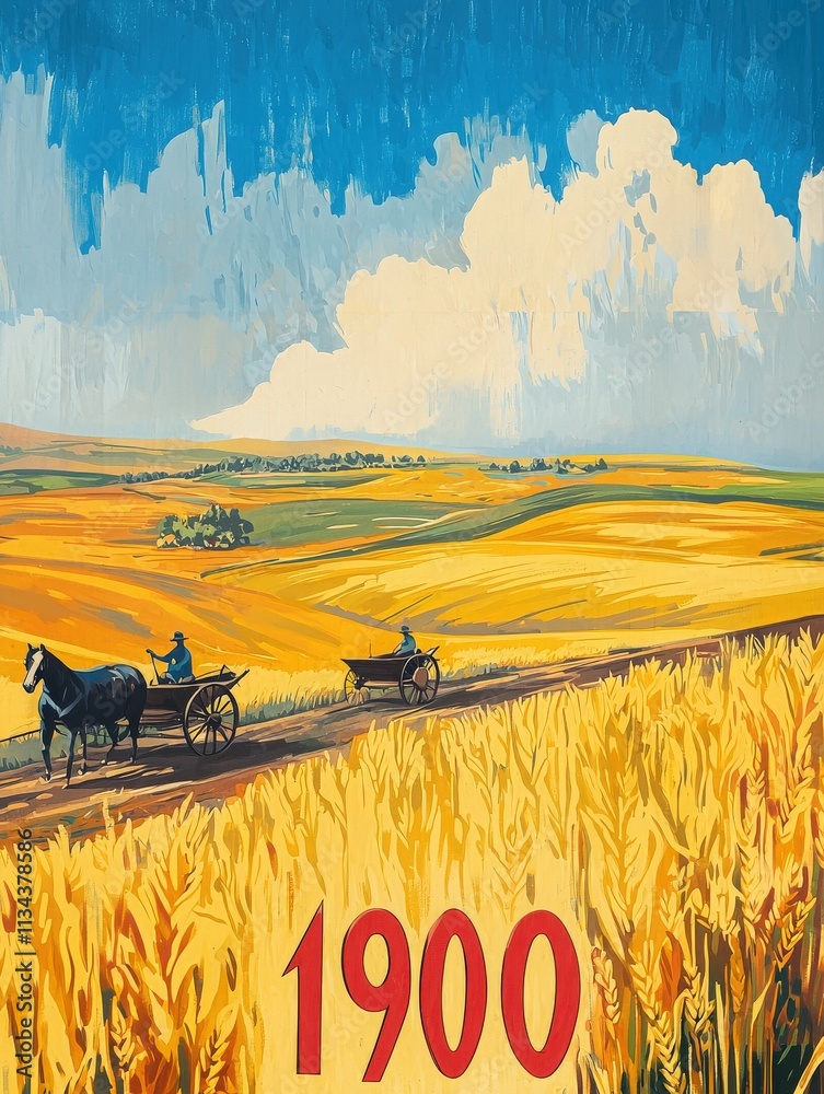Two horse-drawn carts navigate through vast, golden wheat fields under a bright blue sky. The setting captures a serene agricultural moment from the year 1900, showcasing rural life and farming.