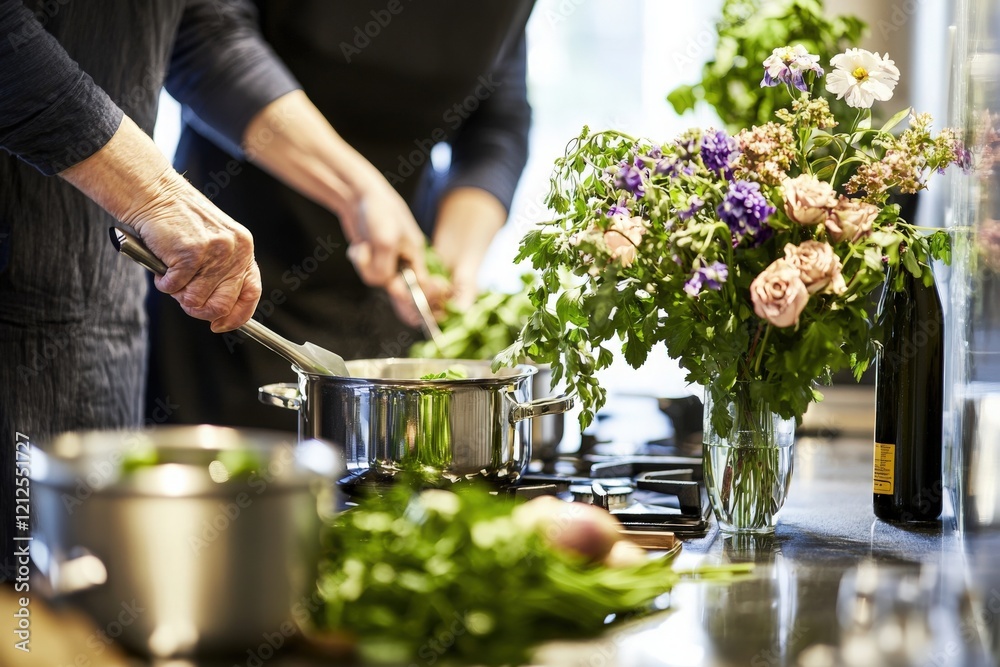 Two individuals prepare a meal in a modern kitchen, showcasing culinary collaboration. Fresh herbs and a colorful flower arrangement add warmth to the space.