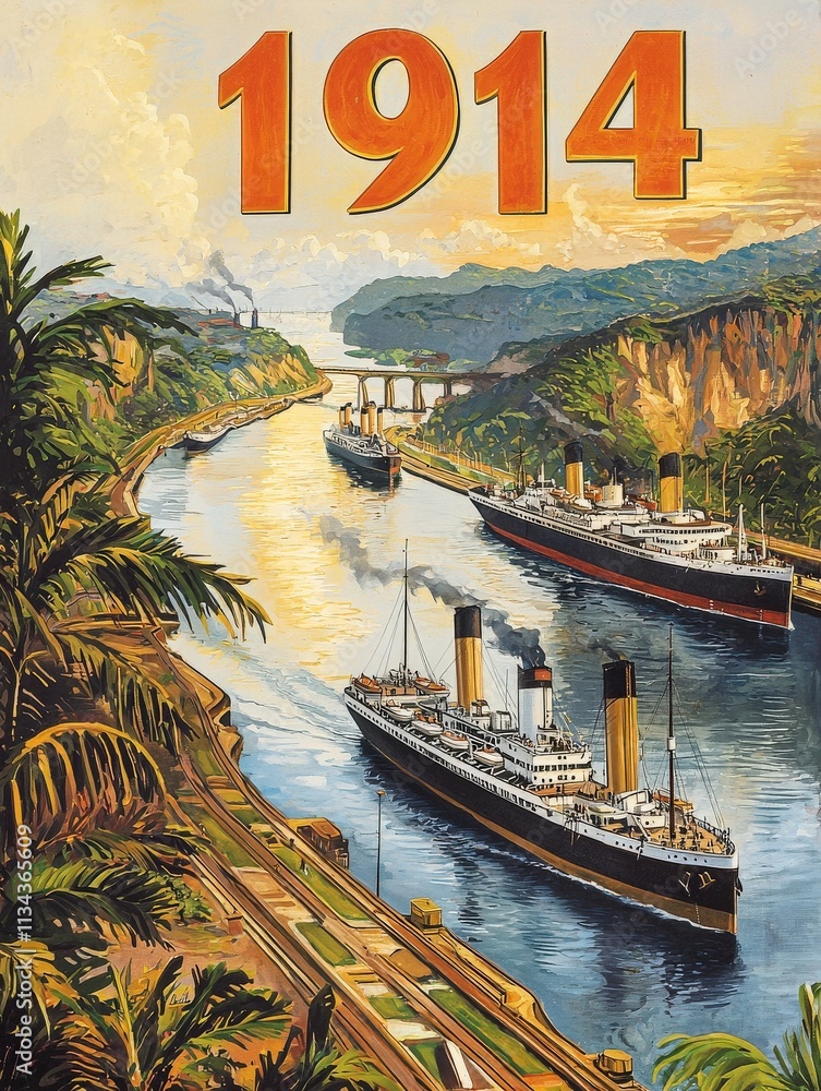 Two large ships sail along a winding canal lined with vibrant palm trees and steep cliffs, showcasing a serene tropical landscape and historical maritime activity from 1914.