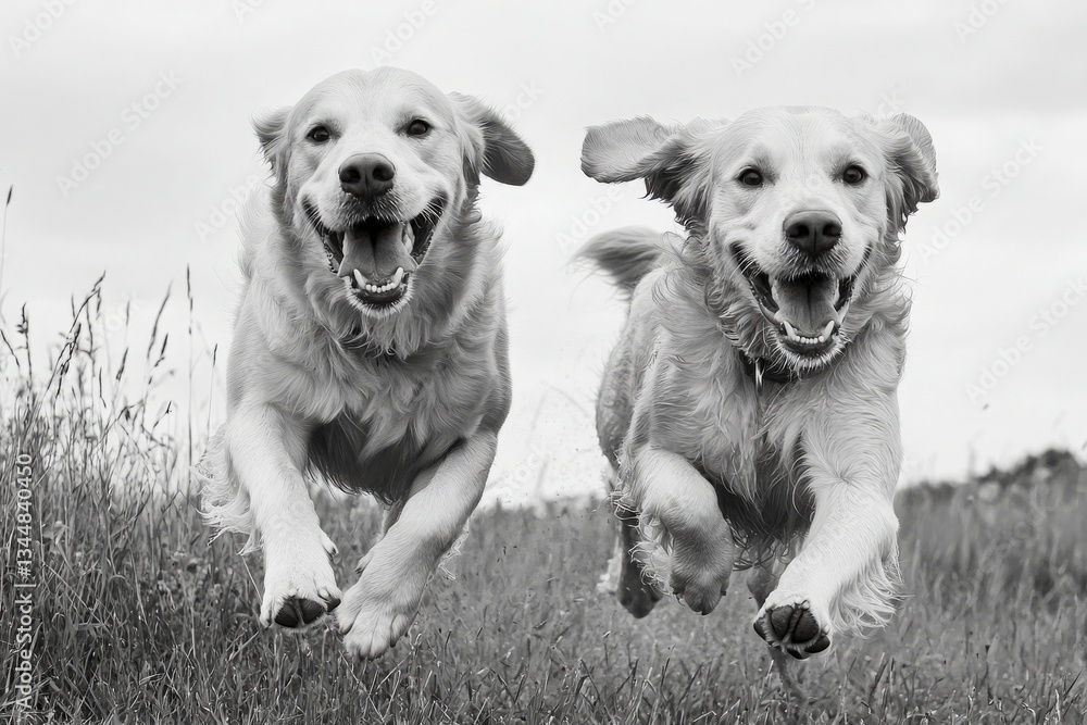 Two playful golden retrievers are leaping through a grassy field, capturing the essence of joy. Their tails are wagging, and they both have big smiles as they enjoy their energetic playtime.