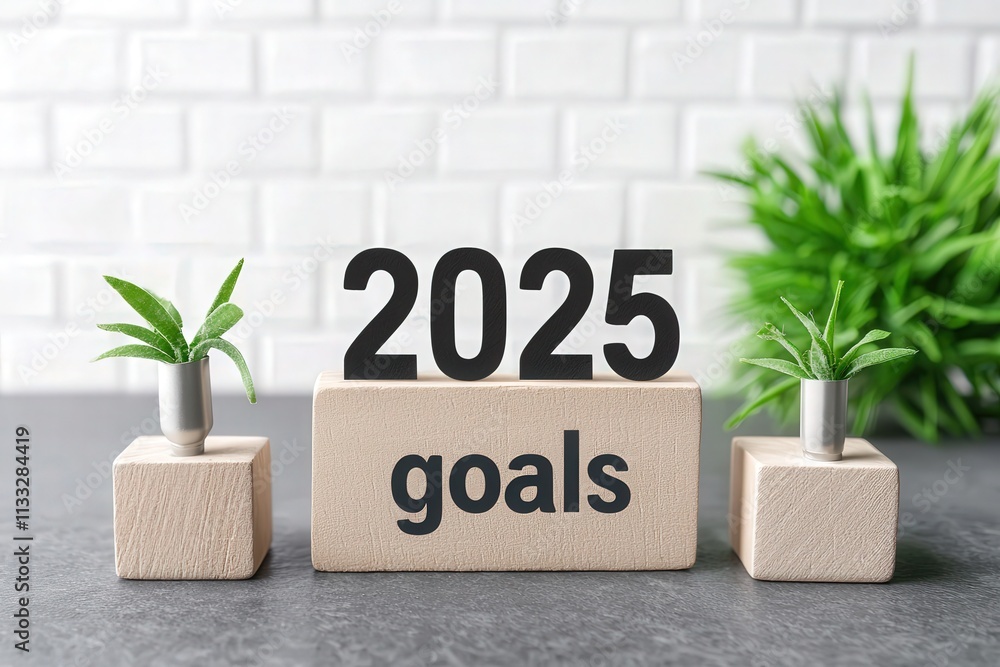 Two small potted plants flank a wooden block displaying the year 2025 and the word goals, emphasizing a focus on future aspirations and personal growth in a modern home setting.