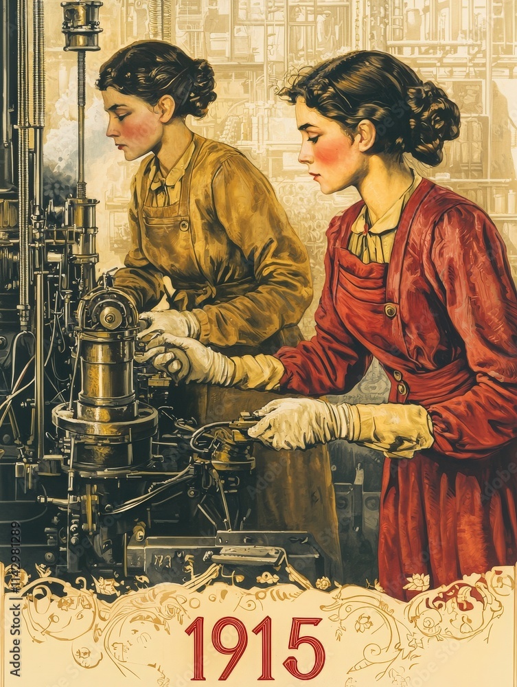 Two women attentively operate machinery in a factory, showcasing early 20th-century industrial work. They wear period-appropriate clothing and gloves, emphasizing their important roles in production.