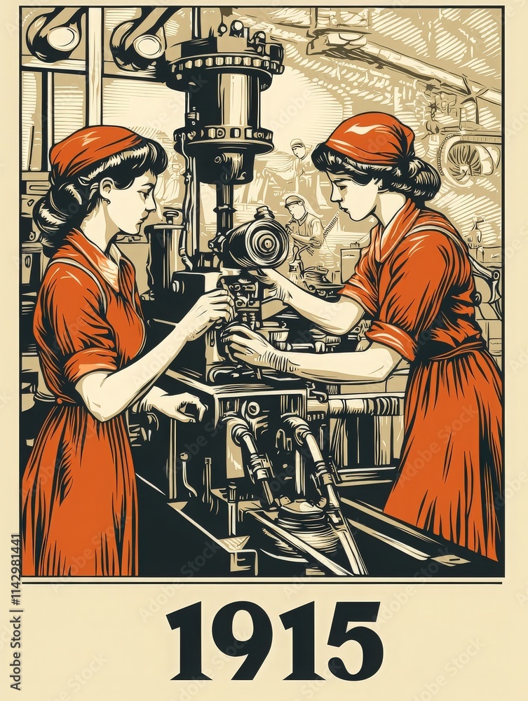 Two women dressed in red uniforms operate machinery in a busy factory, showcasing industrial work in 1915. The environment is filled with equipment and tools typical of the time.
